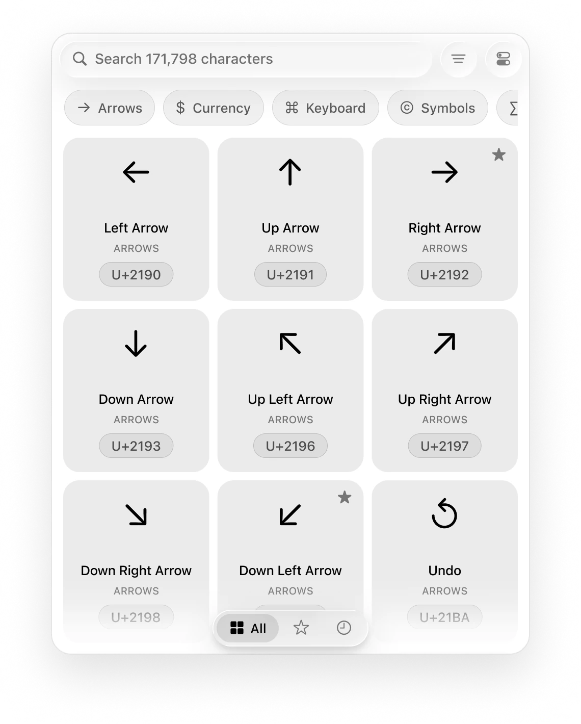 Common’s character grid showing arrows, names, Unicode code points, and favourites.